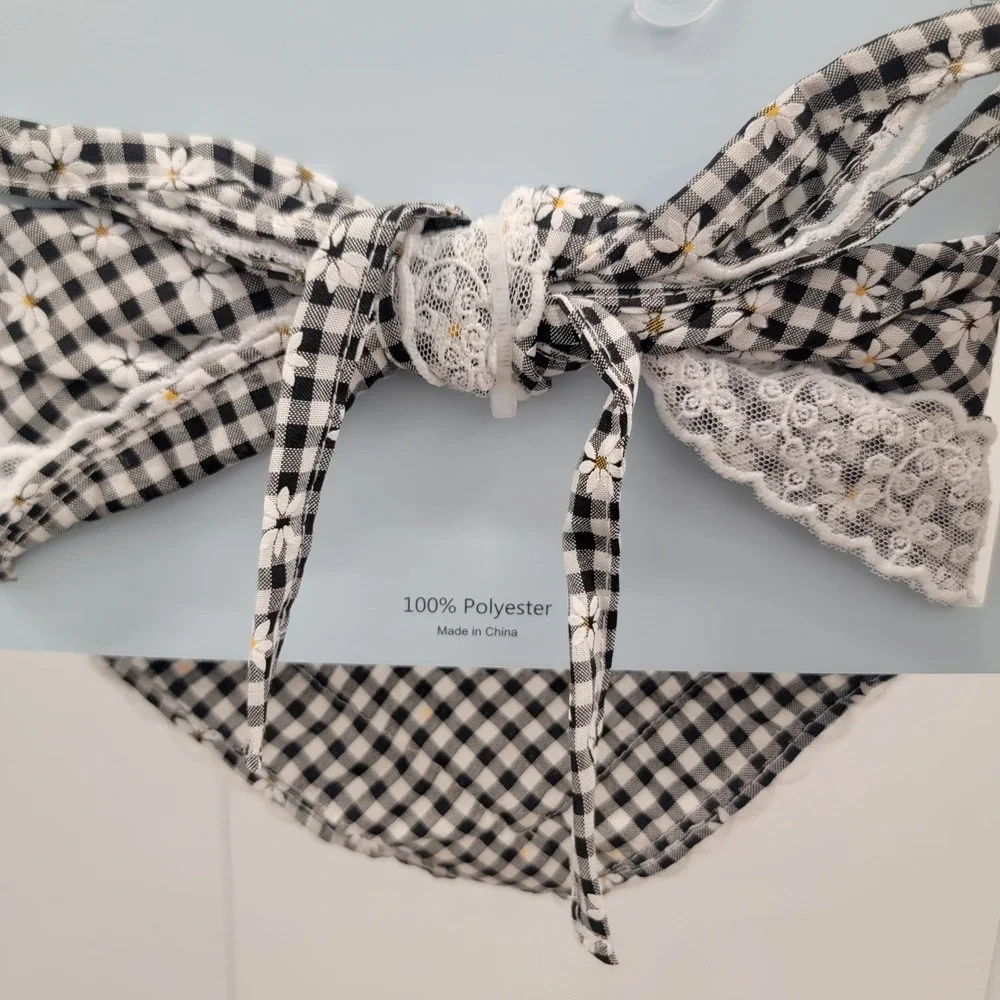 NEW Piper K Gingham Daisy Floral Head Scarf Lace Trim Cottagecore‎ Tie Back